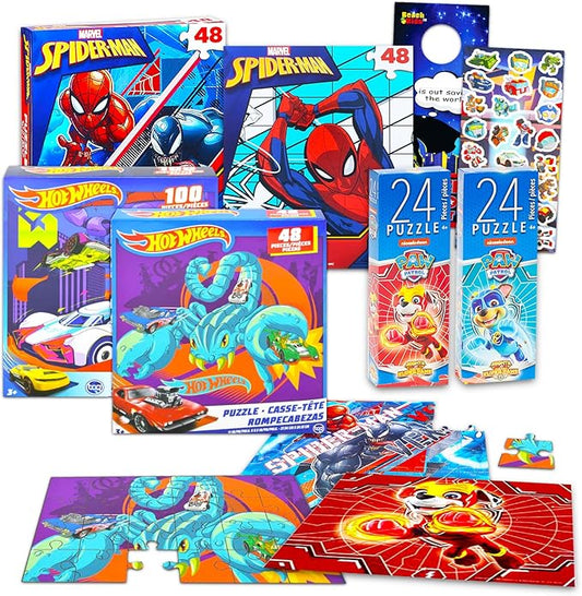 Spiderman, Hot Wheels, and Paw Patrol Puzzle Set - Bundle of 6 Jigsaw Puzzles for Kids Ages 4-8 | 24/48 Piece Games for Kids and Toddlers