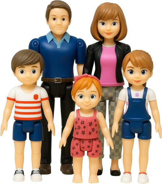 Family Dollhouse People - Doll House People Figures - 5 Poseable Action Figures Incl. Mom, Dad, Sister, Brother, Toddler - Small Dolls for Dollhouse - Dollhouse Dolls (Family)