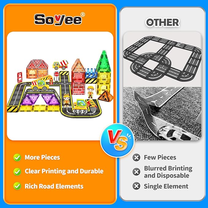 102 PCS Magnetic Tiles Construction Toys Magnet Building Toys for Boys and Girls Ages 3-5 5-7 8-10, STEM Sensory Toys Creative Play Includes Roads, Vehicles, Dolls, Traffic Signs and Construction Sign