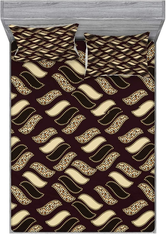 Ambesonne Brown Fitted Sheet & Pillow Sham Set, Ethnic African Style Cheetah Skin Texture Pattern Camouflage Design, Decorative Printed 3 Piece Bedding Decor Set, Full, Redwood Brown