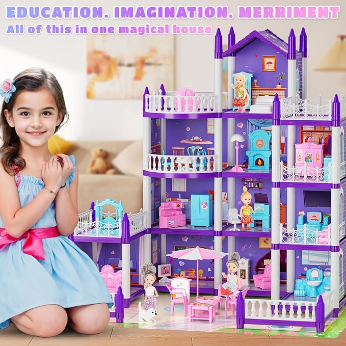 4 Stories Dollhouse for Girls, DIY Doll House Accessories Playhouse with Furniture and 11 Rooms, Pretend Play House with Lights for Kids, Portable Building Dolls Playset Toys Kit Gift for Ages 6+