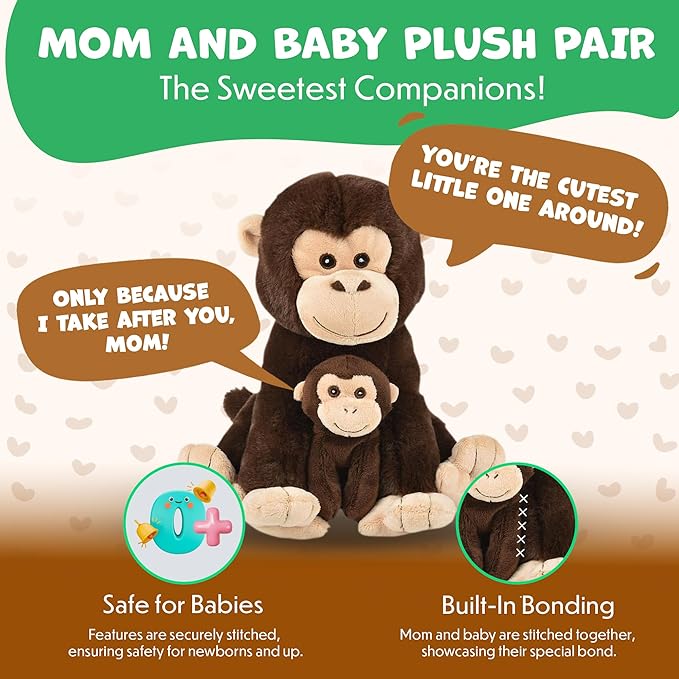 Mom and Baby Stuffed Animals for Boys & Girls, Safari Baby Shower Decorations, Nursery Decor, Zoo Animals for Toddlers, Quality Realistic Toys for Kids, Cute, Soft, Huggable, Squeezable (9.5" Monkey)