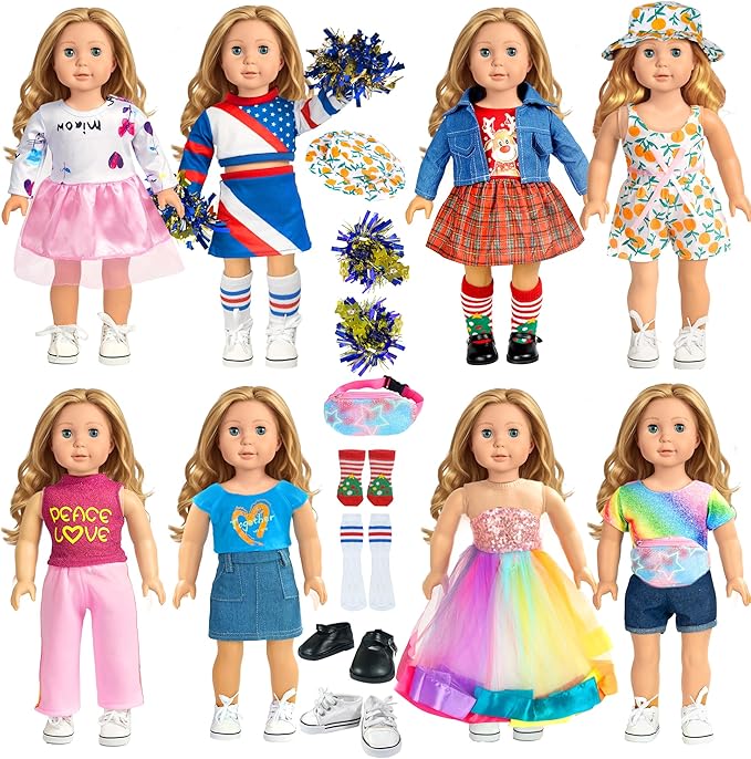 18-inch-Doll-Clothes-Accessories ARTST 18 Doll Accessories American Doll Clothing Dress Outfit Set with Hat Shoes Socks WaistBag for Girls