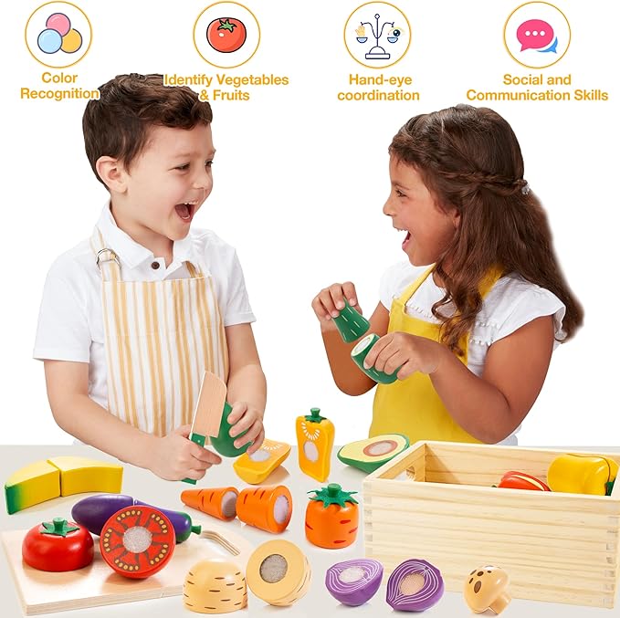 Wooden Play Food Set for Kids Kitchen | Velcro Chopping Veggies & Fruits Toy Food Set with Storage Case & Bag, Play Kitchen Accessories, Pretend Play Food for Toddlers 3+