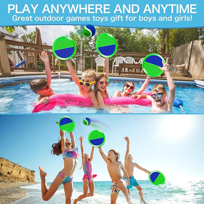 Outdoor Toys for Kids Ages 4-8, Outside Game for 3 4 5 6 7 8 -12 Year Old Boys Girls, Catch Ball Toss Game for Pool, Beach, Yard- Toddlers Birthday Gifts Easter Basket Stuffers(4Pcs Green Paddles)