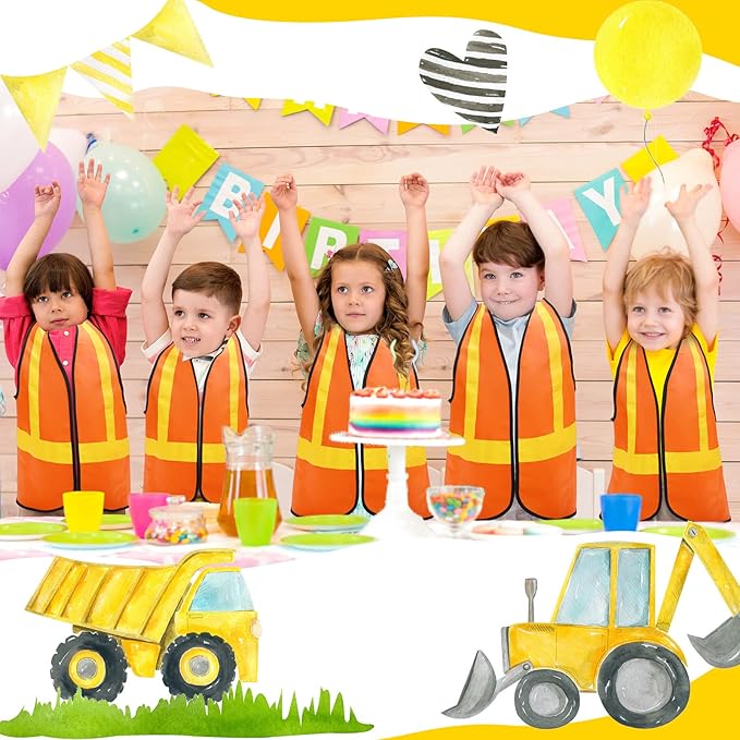 Bokon 24 Pcs Kids Construction Vest Kids Orange Safety Vest Children Construction Dressing Up Supplies for Construction Worker Costume Role Play Construction Party Birthday Party Supplies