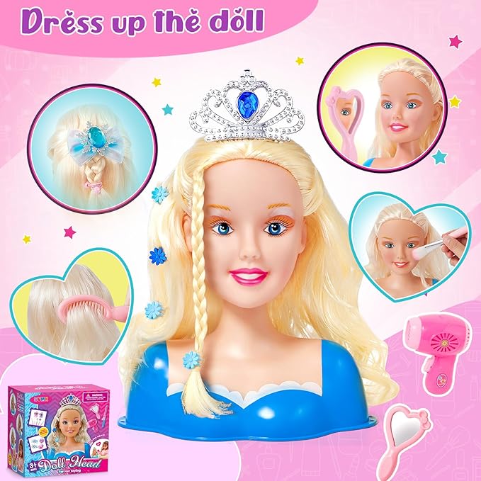 Hair Styling Doll Head Makeup for Girls Toys Kids Practice Pretend Play Beauty Set with Hairdryer Curling Iron Crown Brushes Comb Accessories Birthday Gifts for Girls 3 4 5 6+ Years Old Christmas