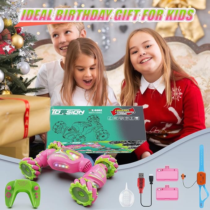 Remote Control Car, Pink RC Cars for Girls, Gesture Stunt with Light & Music, 4WD, 360ยฐ Rotating, 2.4Ghz Remote Control Car Toys, Birthday Gift for Kids Age 6+