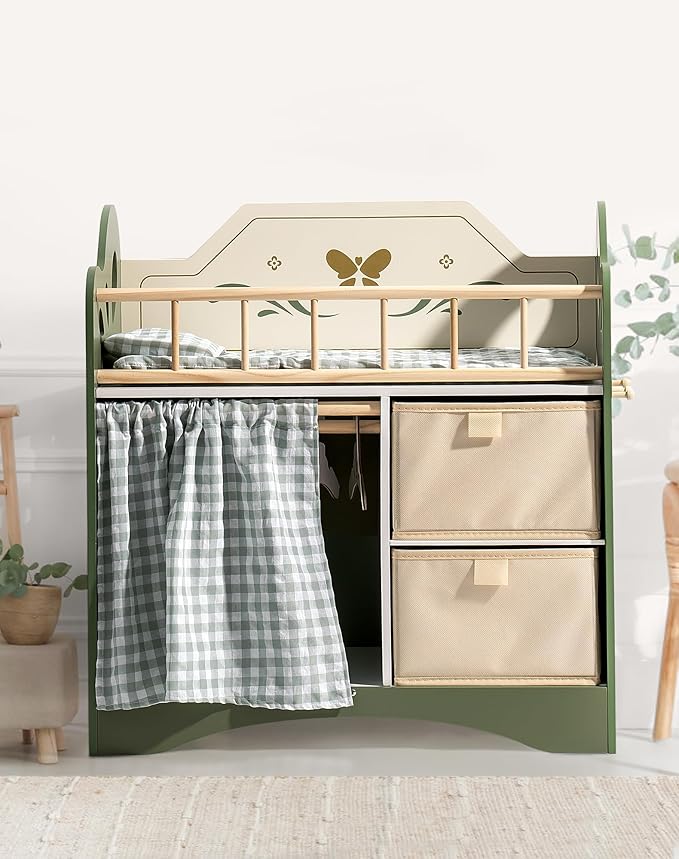 ROBOTIME Baby Doll Crib, Wooden Doll Bed, Toy Baby Crib with Storage, Bedding, and Wooden Hooks, Doll Crib Fits Dolls up to 22’’, Doll Furniture for American Girls Ages 3+ (Green)