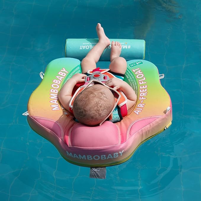 Mambobaby Float Add Tail Baby Swim Float with Canopy Solid Pool Infant Swim Trainer Swimming Training Lying Air Free Water Floats Non-Inflatable Waist Swim Ring for Toddlers (Rainbow)