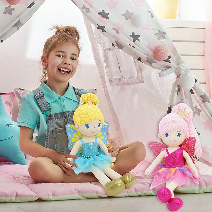 June Garden 16" Enchanted Garden Fairy Doll Siofra - Plush Stuffed Soft Doll Girl Gift - Fushia Outfit and Wings