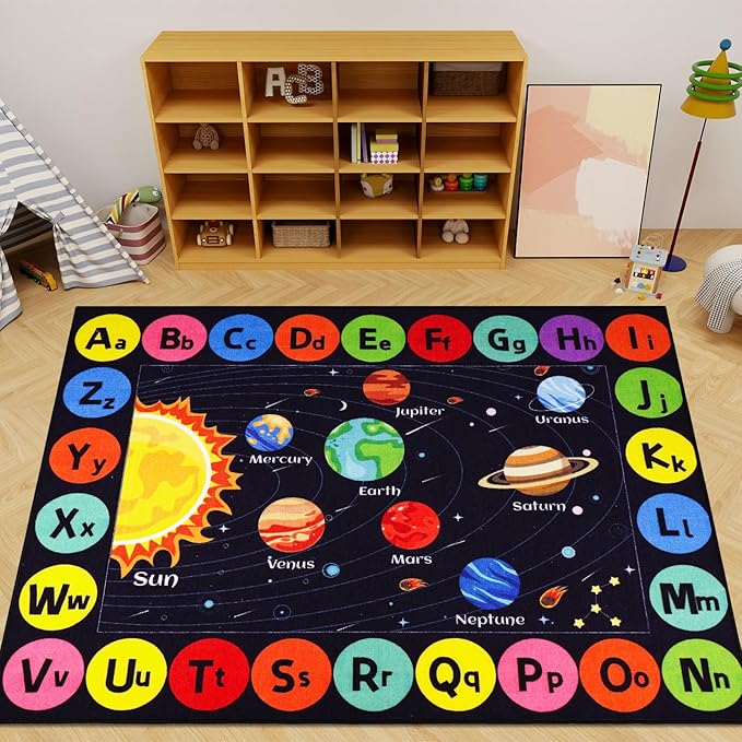 Kids Rug Outer Space Carpet for Playroom, ABC Educational Learning Area Rug, Non-Slip Solar System Road Play Play Rug for Kids Bedrooms, Classroom (Black, 110.2X78.7 INCH)