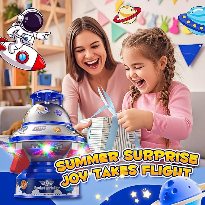 Outdoor Water Sprinkler Toys for Kids, Summer Water UFO Spaceship Rocket Sprinklers Launch Toys with Light, Ideal Holiday Backyard Lawn Yard Game Birthday Gift for Boys Girls 3 Years and Up (Blue)