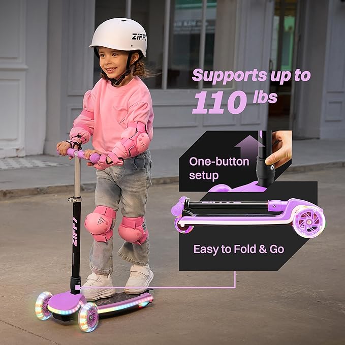 ZIFFY Kids Scooter for Boys & Girls LED Light-Up Wheels, 4 Adjustable Height Handlebars, and Lean-to-Steer Design with Anti-Slip Wide Deck for Stability - Up to 110LBS