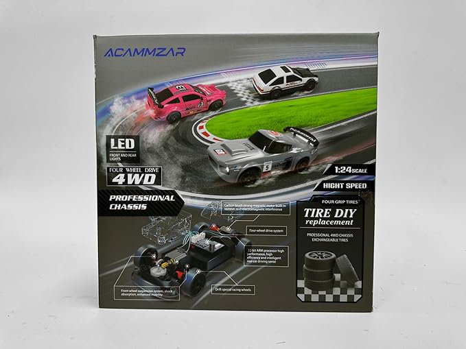 ACAMMZAR RC Drift Car, 1:24 Remote Control Car for Kids, 20KM/H 4WD High Speed RC Cars with LED Lights, Two Batteries, Extra Drifting Tires, Vehicle for Adults Boys Girls