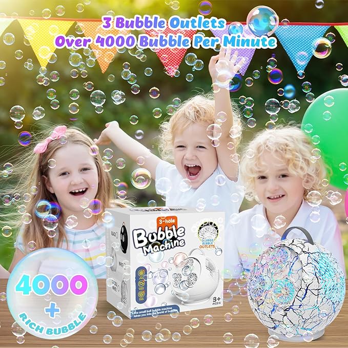 Bubble Machine for Kids Toddlers,45°/360° Automatic Rotation Spherical Bubble Maker Toy with RGB Light,Rechargeable Type-C Charge Bubble Blower,Outdoor Wedding Party Birthday Gifts (White Crack)