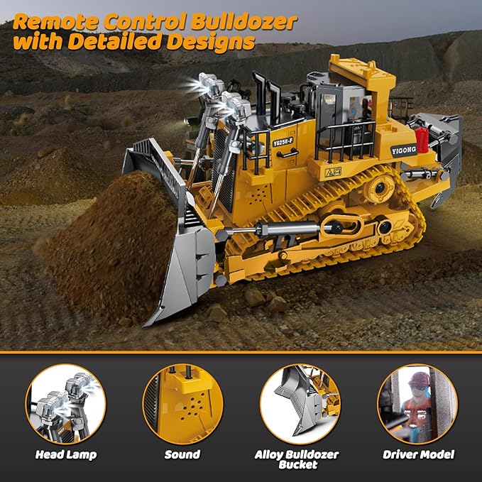 Rc Bulldozer Toys - Remote Control Bulldozer Construction Vehicles Trucks Toys for Boys Kids Age 7 8-12 - Metal Remote Control Electric Tractor Loader Toys with Light and Sound - Birthday Gift