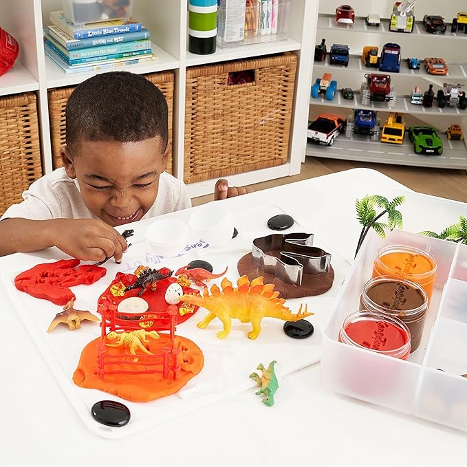 Dinosaur Sensory Dough Kit (3 Jars) Non-Toxic Dough with Dinosaur Cutters, Fossils, Mini Figures, Eggs, Palm Trees, Rocks & Wooden Stumps - Perfect Creative Play & Gifts for Kids
