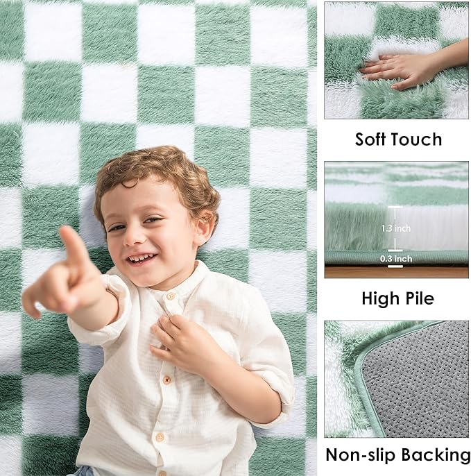 KICMOR Rugs for Bedroom Living Room, 3x5 Fluffy Soft Checkered Shag Area Rug Fuzzy Shaggy Plush Bedside Small Carpet, Sage Green and White Rug for Kids Boys Girls Dorm Nursery Home Decor Aesthetic