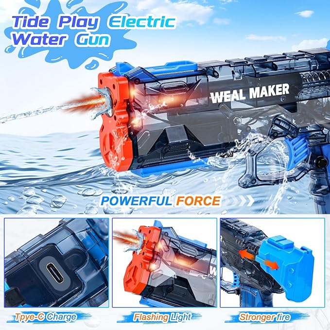 2025 Upgraded Electric Water Gun with LED Flash and USB-C Charging, IP67 Waterproof Automatic Squirt Guns 25-30 FT Range, Realistic Water Pistol for Summer Outdoor Pool Party Toys