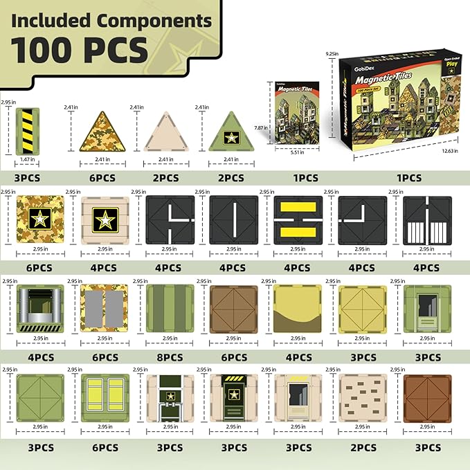 GobiDex 100PCS Army Magnetic Tiles Building Toys for 3+ Years Old Boys, Military Magnetic Blocks STEM Sensory Birthday Gifts for Army Men Playset, Upgraded Stacking Magnets for Kids