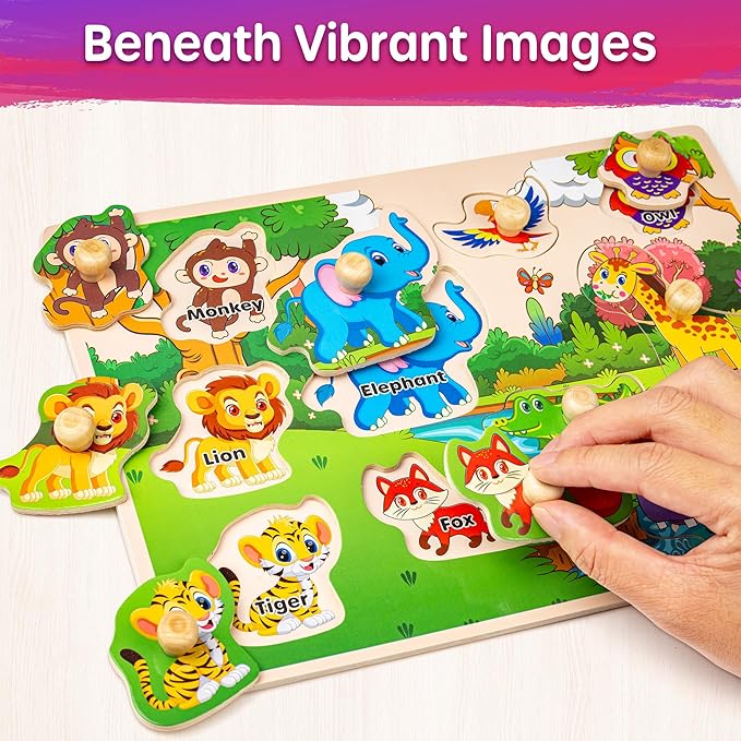 SYNARRY Wooden Puzzles for Toddlers 1-3, 6XSET Puzzles for Toddlers 2-4 with Rack, Learning Alphabet Number Shape Animal Dinosaur Vehicle, Education Toddler Puzzles Toys Gifts for 2 3 Years Boys Girls