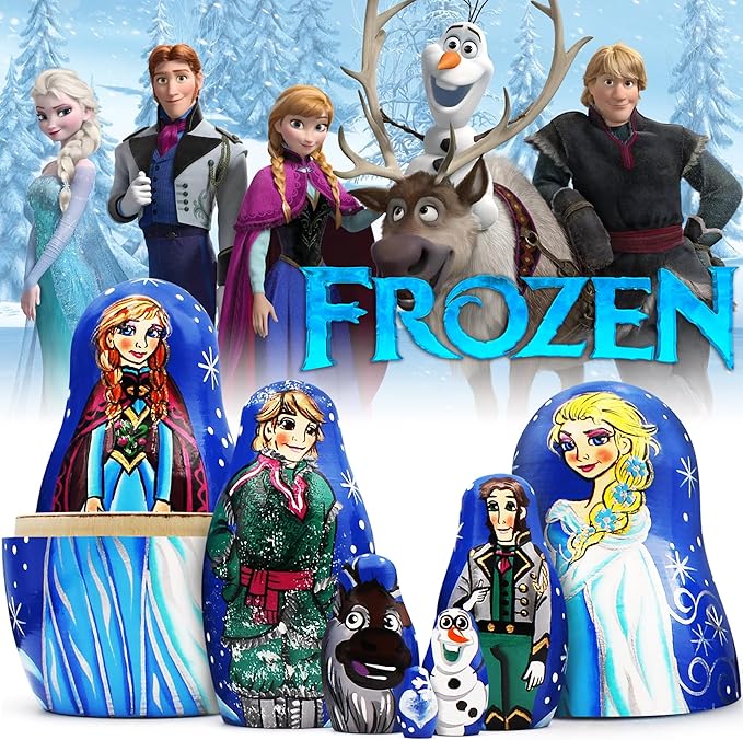 Matryoshka Russian Nesting Doll Babushka Beautiful Cartoon Characters Frozen Elsa Set 7 Pieces Pcs Wooden Hand Painted Souvenir Craft Gift