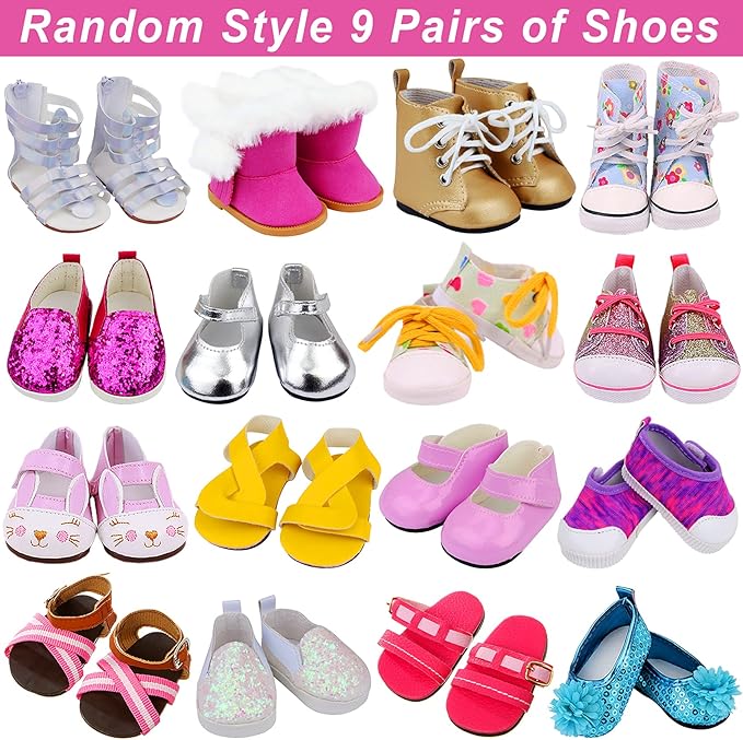 Ecore Fun 18 Inch Girl Doll Accessories Includes Random Style 9 Pairs of Shoes Fit for 18 Inch Girl Doll Shoes Including Snow Boots, Leather Shoes, Sandals, Slipper