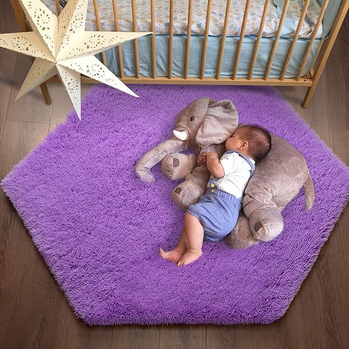 junovo Ultra Soft Rug for Nursery Children Room Baby Room Home Decor Dormitory Hexagon Carpet for Playhouse Princess Tent Kids Play Castle, Diameter 4.6 ft, Purple