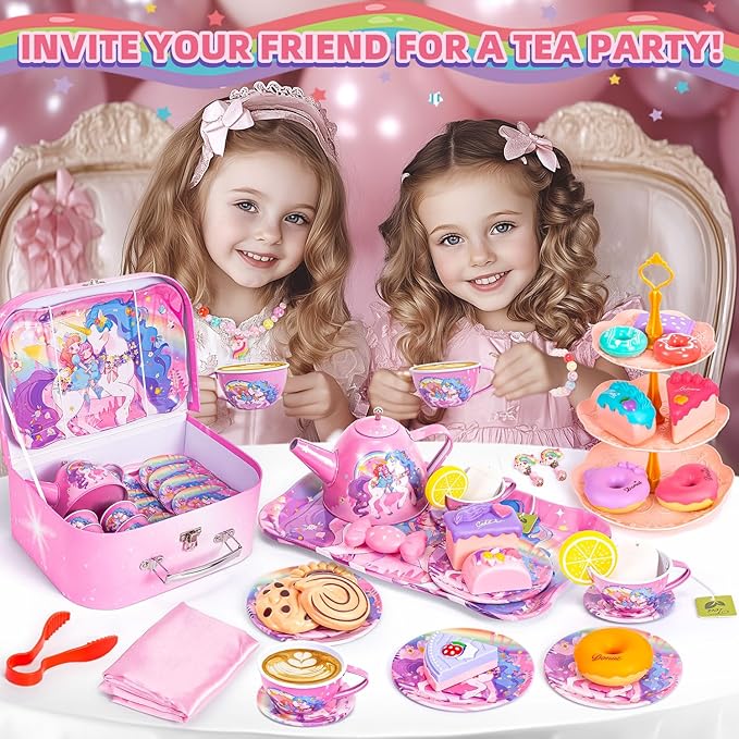 Unicorn Tea Party Set for Little Girls, Toddler Princess Toy Tea Set, Pretend Play Teapot Dessert Tea Cup Set Food Kitchen Playset, Birthday Unicorn Gift for 3 4 5 6 7 8 Year Old Girl