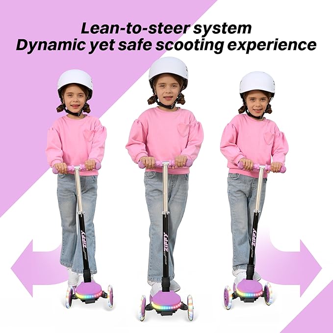 ZIFFY Kids Scooter for Boys & Girls LED Light-Up Wheels, 4 Adjustable Height Handlebars, and Lean-to-Steer Design with Anti-Slip Wide Deck for Stability - Up to 110LBS