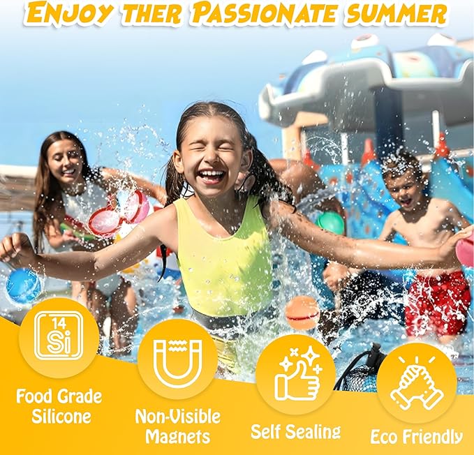 Reusable Water Balloons for Kids – 16 Pack | Quick-Fill, Refillable Water Balloons for Endless Summer Fun | Soft, Durable Magnetic Water Balloons for Outdoor Activities & Backyard Water Fights