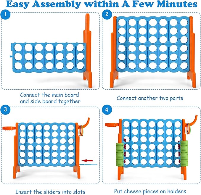 Costzon Giant 4-in-A-Row, Jumbo 4-to-Score Giant Game w/Basketball Hoop, Ring Toss, Quick-Release Slider, 42 Jumbo Rings, Indoor Outdoor Family Connect Game for Kids & Adults, Backyard Games, Orange