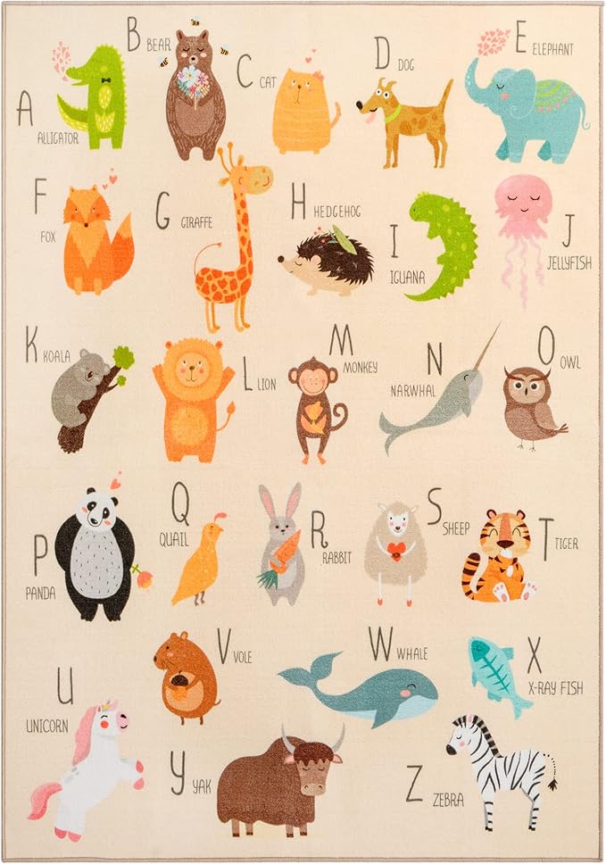 Booooom Jackson ABC Kids Classroom Rugs - 5'x6'6" Educational Numbers and Animal Carpet for Preschool, Classroom, and Kid's Room Safety and Learning - Alphabet Rug for Boys and Girls
