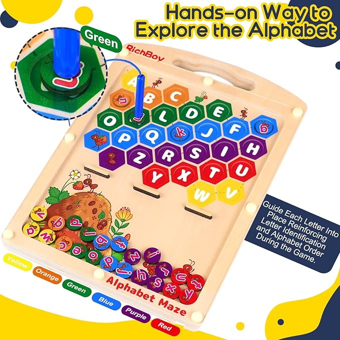 RichBoy Magnetic Maze for 3-5 Year Old, 2-in-1 Magnetic Color and Number Maze, Double-Sided Wooden Busy Board Fine Motor Skills Montessori Toys, Portable Travel Puzzle Game Toddlers Toys