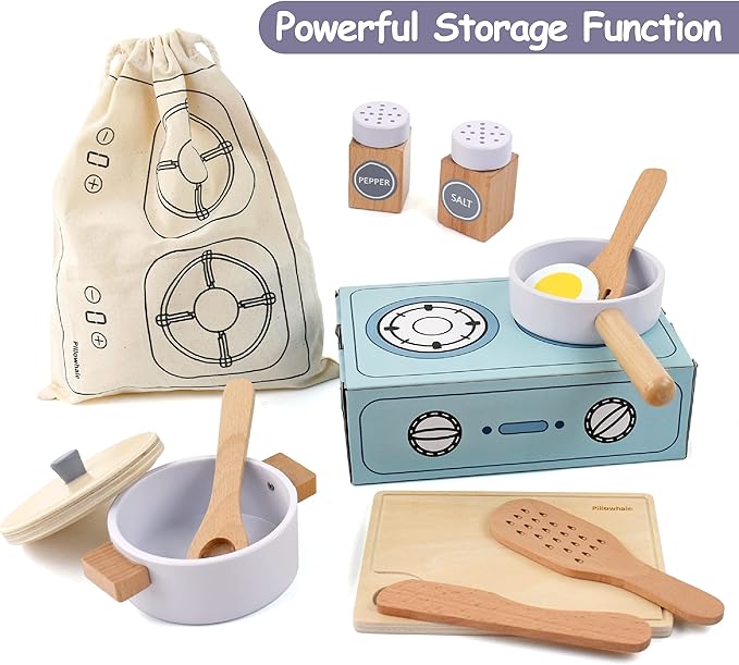 Wooden Toy Pots and Pans Cookware Playset for Kids Kitchen,Toddler Cooking Set,Pretend Play Kitchen Accessories for Toddlers Boys Girls Ages 3+