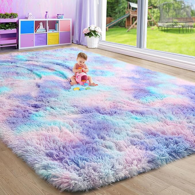 Amdrebio Purple Rainbow Mermaid Rugs 8x10 for Girls Bedroom Decor, Soft Plush Fluffy Kawaii Area Rugs for Kids Room Nursery Playroom Classroom, Large Cute Stitch Frozen Fuzzy Furry Baby Toddler Carpet