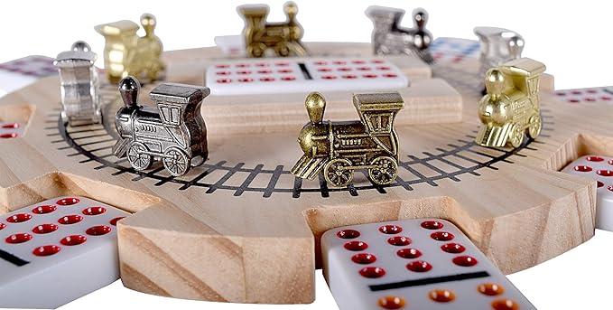 Mexican Train Dominoes Set Double 12 Color Dots with Wooden Hub 8 Metal Trains and Aluminum Case