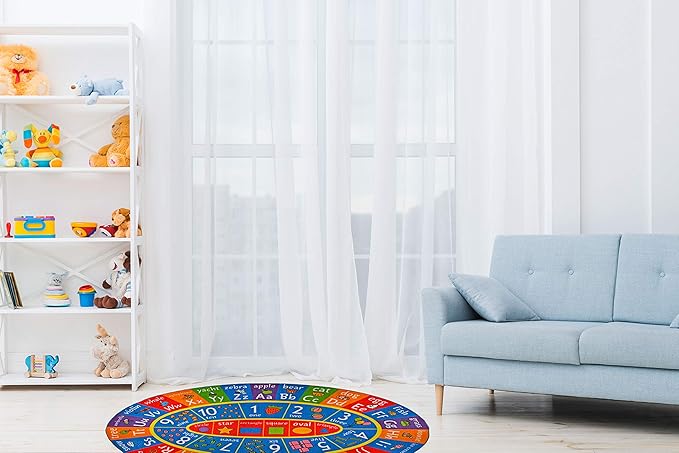 KC Cubs Multi Color Letter Print Power-Loomed ABC Alphabet, Numbers and Shapes Educational Learning & Fun Game Play Area Non Slip Boy & Girl Kids Oval Rug