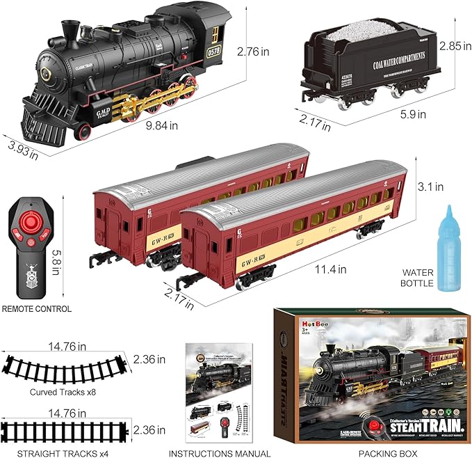 Hot Bee Train Set for Boys,Remote Control Christmas Train Sets w/Steam Locomotive,Light Passenger Cars & Tracks,Trains Toys w/Smoke,Whistle & Lights,Christmas Toys Gifts for 3 4 5 6 7 8+ Year Old Kids