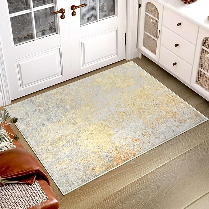 Entryway Rug 3x5 Bedroom Area Rug Washable Non Slip Abstract Boho Rugs for Indoor Entry, Kitchen, Classroom, Bathroom, Kids Girls Room, Office, College Dorm Small Carpet (Orange, Silver & Gray)