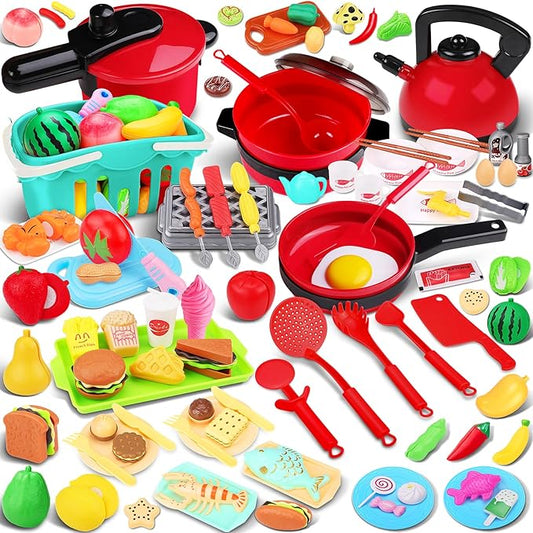134 Pcs Toy Kitchen Accessories, Pretend Cooking Toys with BBQ Grill, Pressure Cooker, Kettle, Pots, Pans, Kitchen Playset for Cutting Play Food, Christmas Birthday Present for Boys Girls