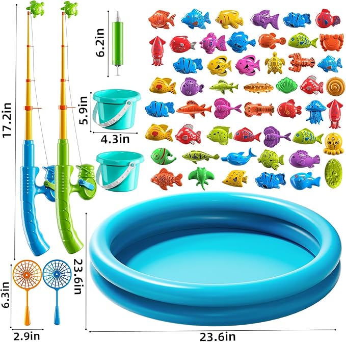 Magnet Fishing Toys Game for Kids 3-5 - Floating Fish Toys with Inflatable Kiddie Pool, Bath Toys for Toddlers, Pole Rod Net, Outdoor Party Toys for Boys Girls Kids Age 3 4 5 6 7 8 Year Old