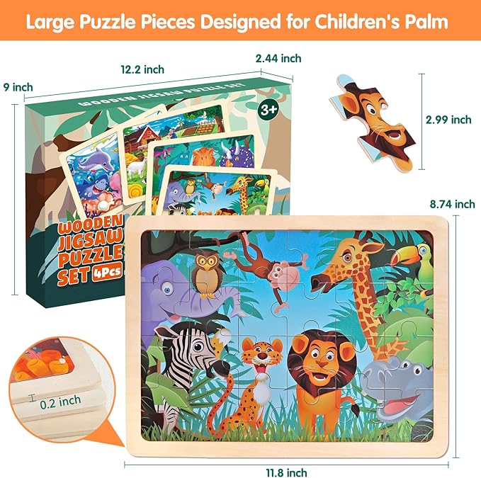 Jigsaw Puzzles Wooden Puzzles for Kids Ages 3-5 Preschool Educational Brain Teaser Boards Toddlers Toys Dinosaur Farm Zoo Sea World Gifts for 3 4 5 6 Year Old Boys Girls 4 Packs 24 Pcs