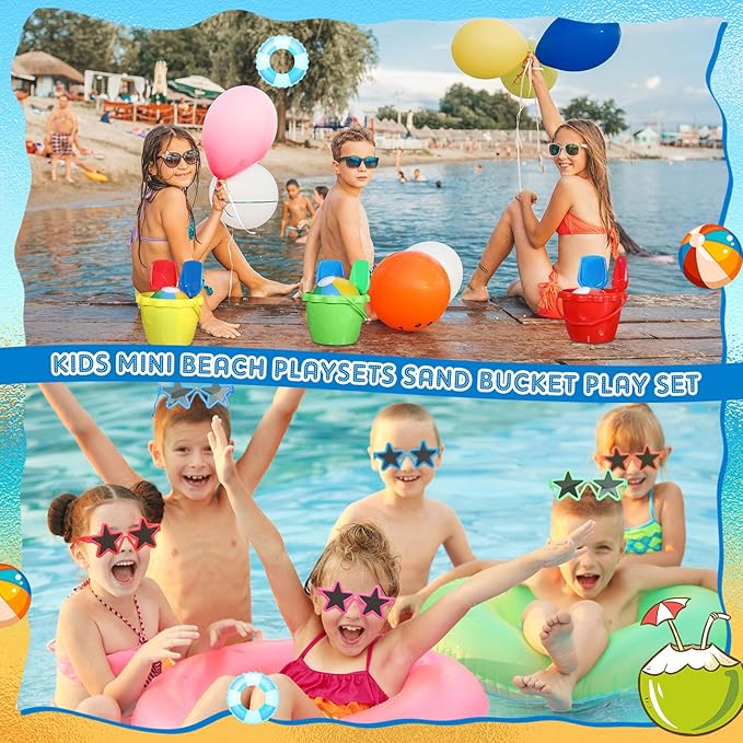 Tanlade 75 Pcs End of Year Students Gift Kids Beach Pool Party Favors Sand Buckets Shovels Neon Sunglasses Inflatable Beach Balls Water Guns Set for Outdoor Summer Swimming Pool Party Game