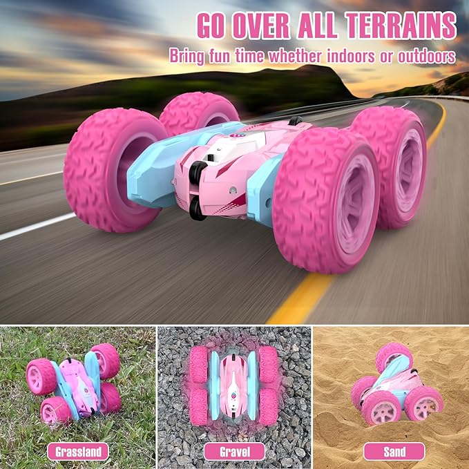 Remote Control Car, Pink RC Cars for Girls, Rechargeable RC Truck, 2.4Ghz Double Sided 360ยฐ Rotating Stunt Car Toy with Headlights, Birthday Gift for Kids Age 3+