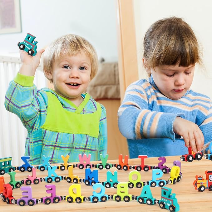 43 Pieces Magnetic Wooden Alphabet Number Toy Trains Set for Kids Toddlers, Including 26 Alphabet and 14 Number Trains with 3 Locomotives, Learning Toys for Kids Toddlers Preschool Learning Gift