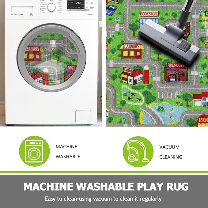 Capslpad Green Car Road Kid Rug Carpet Playmat for Playoom Traffic Road Kids Play Mat for Toddler Non Slip Washable City Map Race Track Carpet Rug for Kids Room Bedroom Nursery Room Decor,6.6'x6.6'