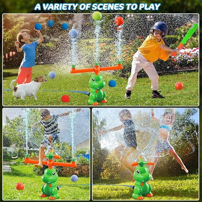 VATOS Water Sprinkler Baseball Outdoor Toy for Kids, 4 in 1 Dinosaur 360ยฐ Spin Sprinkler Water Tee-Ball & Ball, Summer Fun Play Games Outside Backyard Yard Garden Lawn for Toddlers Boys Girls
