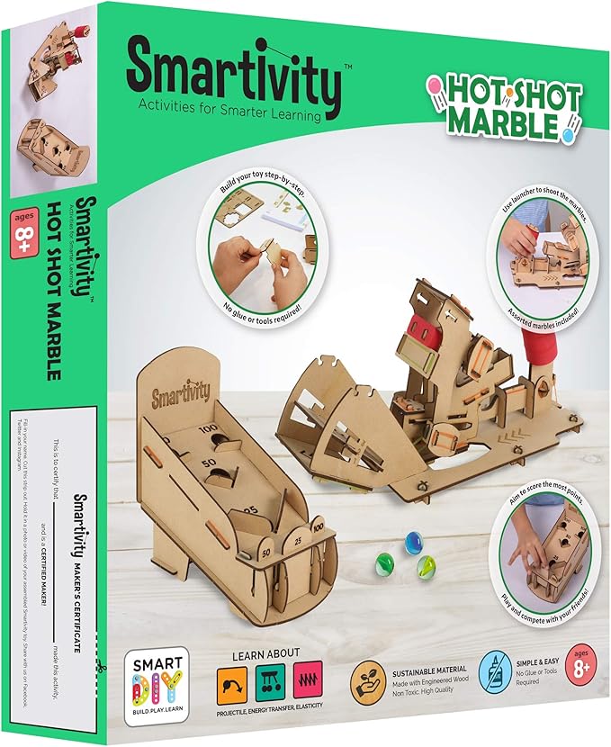 Smartivity Hot Shot Marble 3D Wooden Model Engineering STEM Learning Toy for Kids Ages 6 and Up includes Rubber Bands, Marbles, Engineered Wood Components, Instruction Manual, Learner's Log
